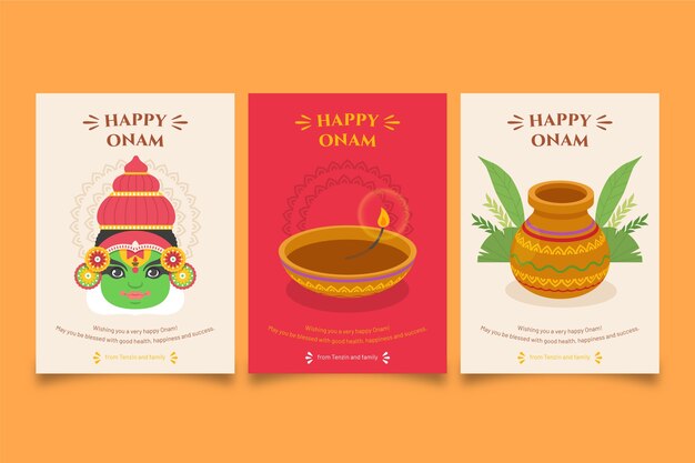 Colección de tarjetas de felicitación planas para la celebración del festival onam
