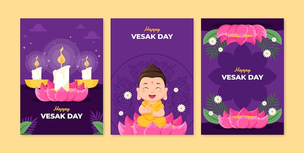 Vector gratuito colección de tarjetas de felicitación planas para la celebración del festival vesak