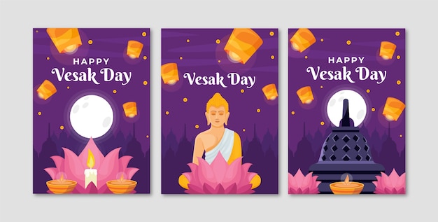 Colección de tarjetas de felicitación planas para la celebración del festival vesak