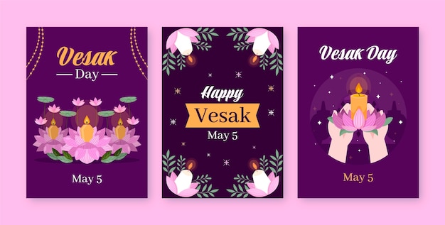 Vector gratuito colección de tarjetas de felicitación planas para la celebración del festival vesak