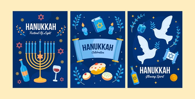 Colección de tarjetas de felicitación planas para la celebración de hanukkah con menorá y palomas