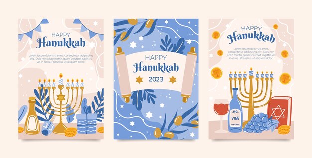 Colección de tarjetas de felicitación planas para la celebración de hanukkah.