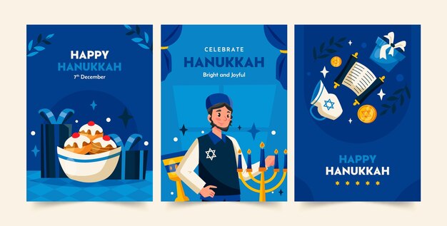 Colección de tarjetas de felicitación planas para la celebración de hanukkah.