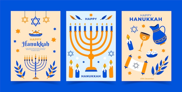 Colección de tarjetas de felicitación planas para la celebración de hanukkah.