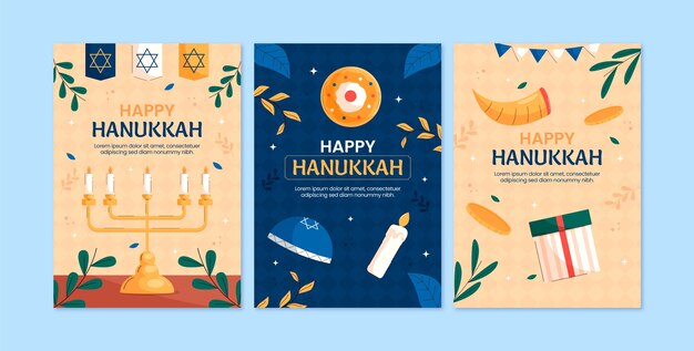 Colección de tarjetas de felicitación planas para la celebración de hanukkah.