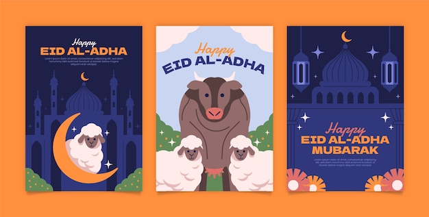 Vector gratuito colección de tarjetas de felicitación planas para la celebración islámica de eid al-adha