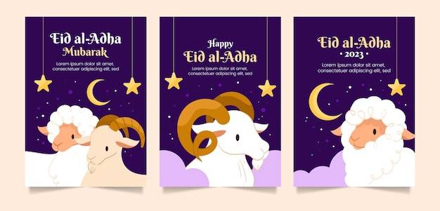 Vector gratuito colección de tarjetas de felicitación planas para la celebración islámica de eid al-adha