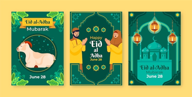 Colección de tarjetas de felicitación planas para la celebración islámica de eid al-adha