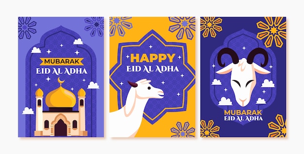 Colección de tarjetas de felicitación planas para la celebración islámica de eid al-adha