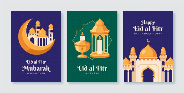 Colección de tarjetas de felicitación planas para la celebración islámica de eid al-fitr