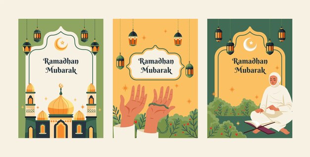 Colección de tarjetas de felicitación planas para la celebración islámica del Ramadán.