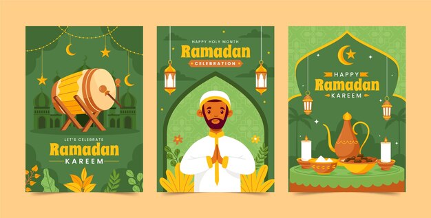 Colección de tarjetas de felicitación planas para la celebración islámica del Ramadán.