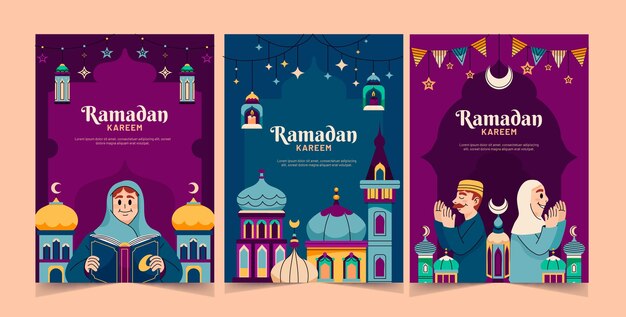 Colección de tarjetas de felicitación planas para la celebración islámica del Ramadán.