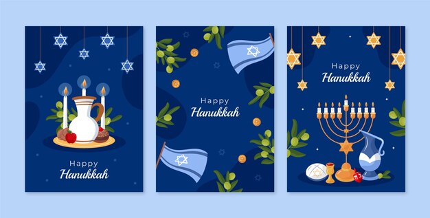 Colección de tarjetas de felicitación planas para la celebración judía de hanukkah