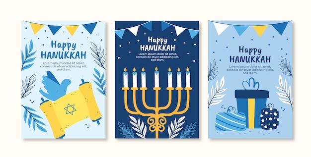 Vector gratuito colección de tarjetas de felicitación planas para la celebración judía de hanukkah