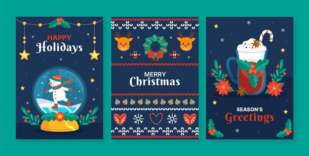 Colección de tarjetas de felicitación planas para la celebración navideña con globo de nieve y bebida caliente