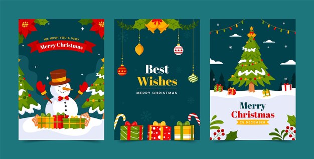 Colección de tarjetas de felicitación planas para la celebración navideña con muñecos de nieve y regalos.