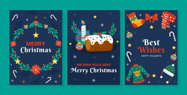 Colección de tarjetas de felicitación planas para la celebración navideña con pastel y velas