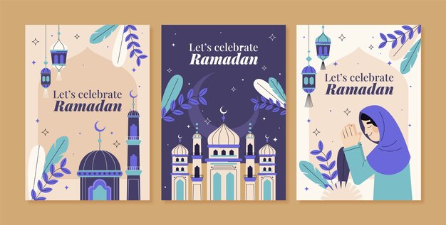 Colección de tarjetas de felicitación planas para la celebración del ramadán islámico