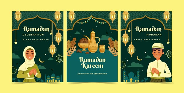 Colección de tarjetas de felicitación planas para la celebración del ramadán islámico