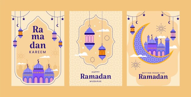 Colección de tarjetas de felicitación planas para la celebración del ramadán islámico