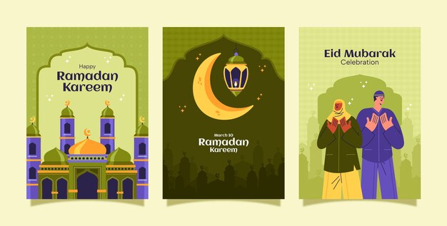 Colección de tarjetas de felicitación planas para la celebración del ramadán islámico
