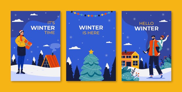 Colección de tarjetas de felicitación planas para la celebración de la temporada de invierno.