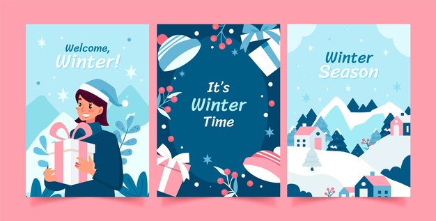 Colección de tarjetas de felicitación planas para la celebración de la temporada de invierno.