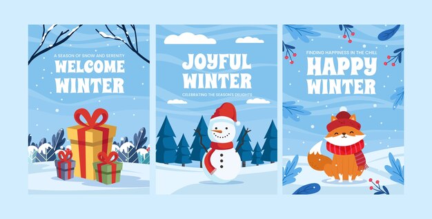 Colección de tarjetas de felicitación planas para la celebración de la temporada de invierno.