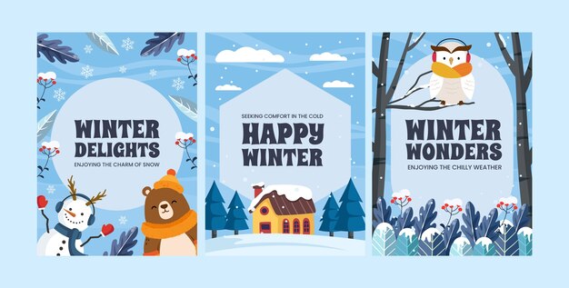 Colección de tarjetas de felicitación planas para la celebración de la temporada de invierno.