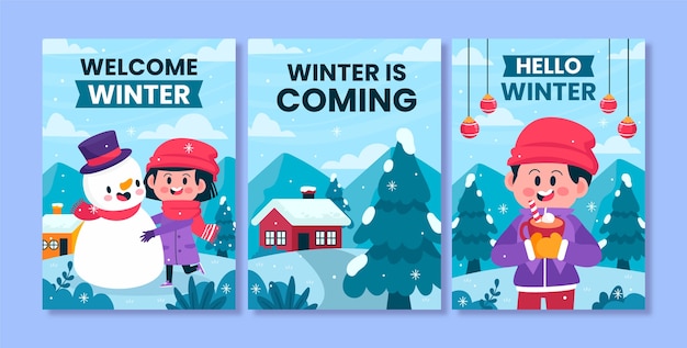 Colección de tarjetas de felicitación planas para la celebración de la temporada de invierno.