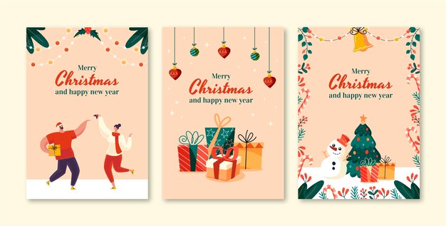 Colección de tarjetas de felicitación planas para la celebración de la temporada navideña con personas y árboles.