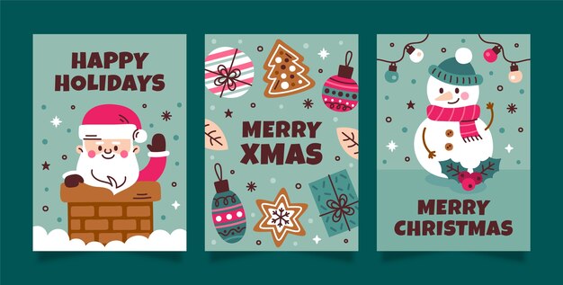Colección de tarjetas de felicitación planas para la celebración de la temporada navideña.