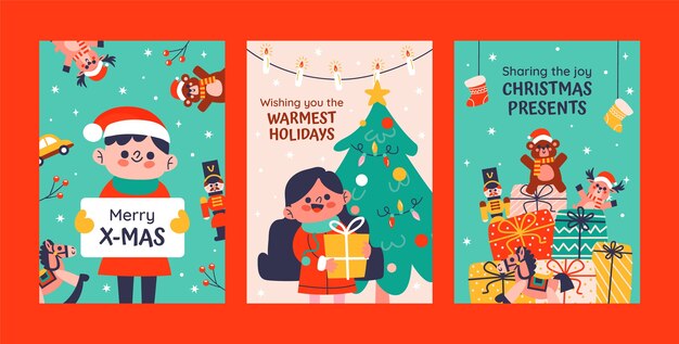 Colección de tarjetas de felicitación planas para la celebración de la temporada navideña.