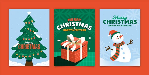 Colección de tarjetas de felicitación planas para la celebración de la temporada navideña.