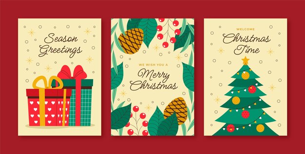 Colección de tarjetas de felicitación planas para la celebración de la temporada navideña con