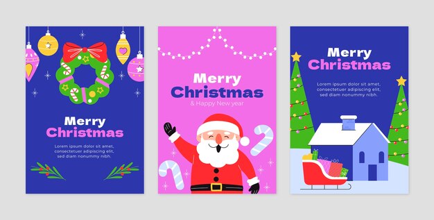 Colección de tarjetas de felicitación planas para la celebración de la temporada navideña.