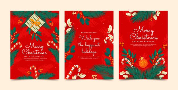 Colección de tarjetas de felicitación planas para la celebración de la temporada navideña.