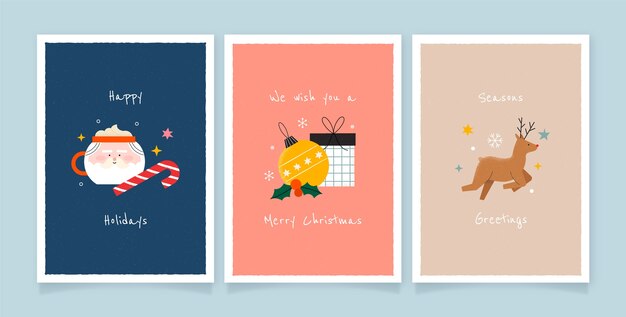 Colección de tarjetas de felicitación planas para la celebración de la temporada navideña.