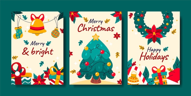 Colección de tarjetas de felicitación planas para la celebración de la temporada navideña.