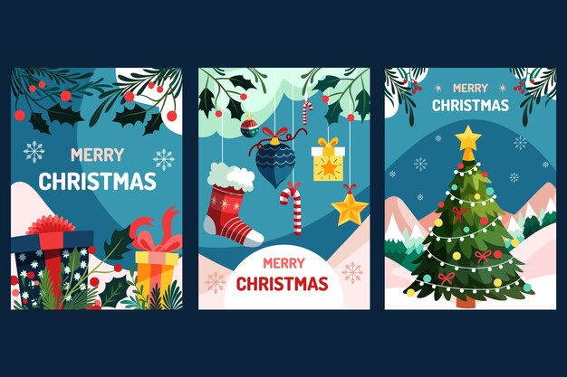 Colección de tarjetas de felicitación planas para la celebración de la temporada navideña.
