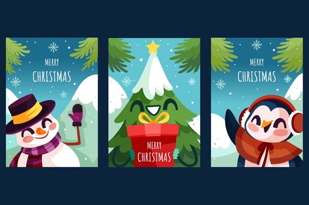Colección de tarjetas de felicitación planas para la celebración de la temporada navideña.