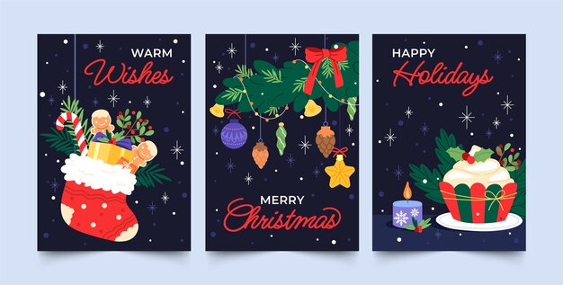 Colección de tarjetas de felicitación planas para la celebración de la temporada navideña.