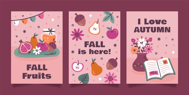 Vector gratuito colección de tarjetas de felicitación planas para la celebración de la temporada de otoño