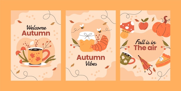 Colección de tarjetas de felicitación planas para la celebración de la temporada de otoño