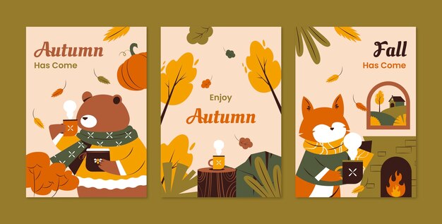 Colección de tarjetas de felicitación planas para la celebración de la temporada de otoño