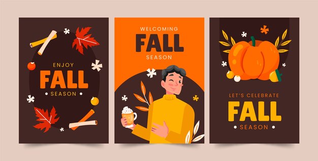 Colección de tarjetas de felicitación planas para la celebración de la temporada de otoño