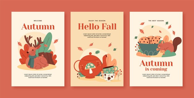 Colección de tarjetas de felicitación planas para la celebración de la temporada de otoño
