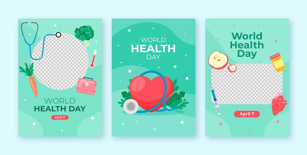 Vector gratuito colección de tarjetas de felicitación planas para la concienciación sobre el día mundial de la salud