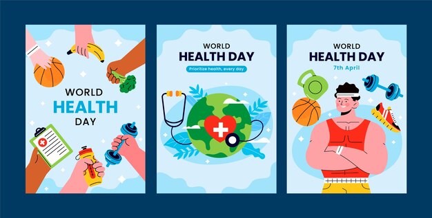 Colección de tarjetas de felicitación planas para la concienciación sobre el Día Mundial de la Salud